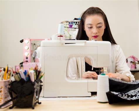 Fashion Designer At Sewing Machine Stock Photo Image Of Fabric Mock