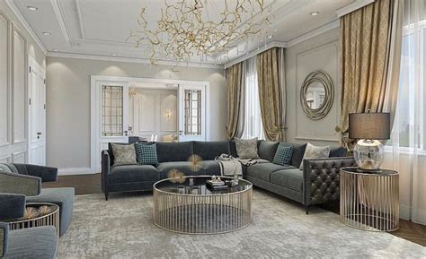 Elegant Luxury Living Room Decor With Grey Tufted Sectional Sofa