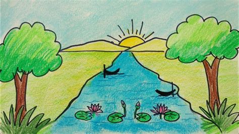 Easy River Scenery Drawing For Beginners How To Draw Simple Nature