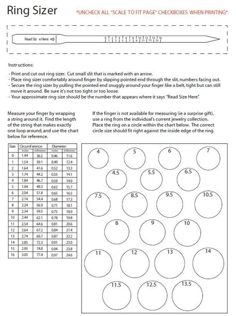 Ring Size Chart Printable A4