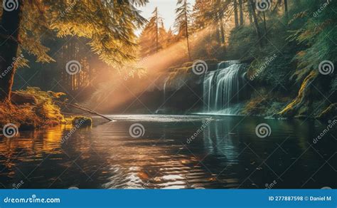 Beautiful Landscape Of A Forest Waterfall Sunlight Rays Through Dense