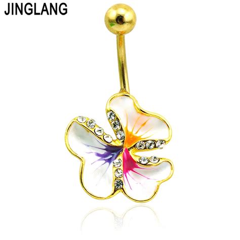Jinglang Gold Color Belly Button Rings Stainless Steel Barbells White Rhinestone Color Enamel