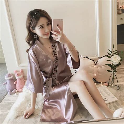 korean version pajamas women s summer ice silk sexy thin cardigan nightdress medium length spun