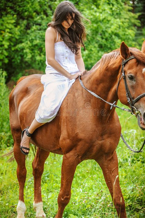 Young Brunette Woman Rides A Horse Stock Image Image Of Fantasy