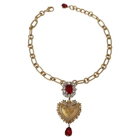 Dolce And Gabbana Gold Red Metal Crystal Pearl Sacred Heart Pendant