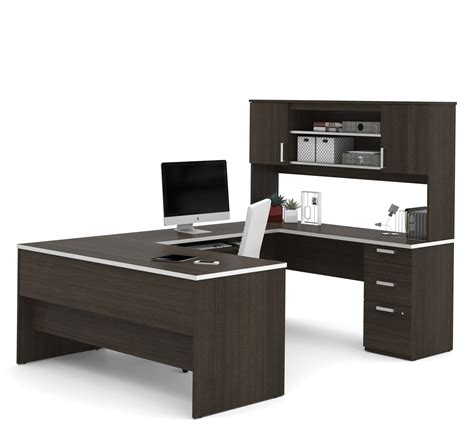 Dark Chocolate Modern U Shaped Office Desk With Brushed Nickel Accents