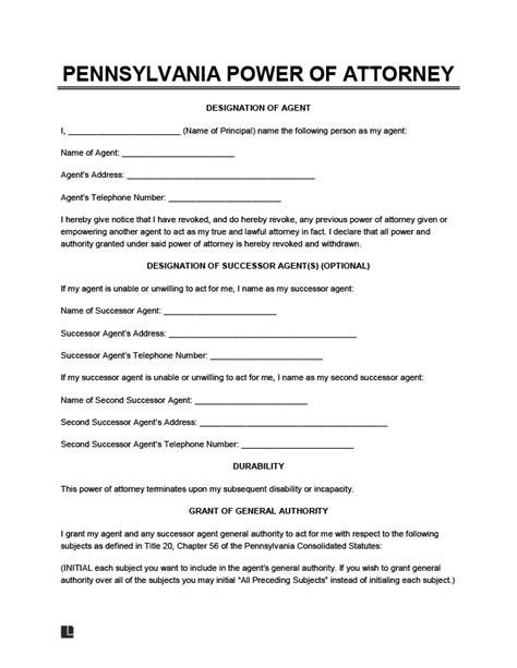 Printable Power Of Attorney Form Pa Printable Forms Free Online