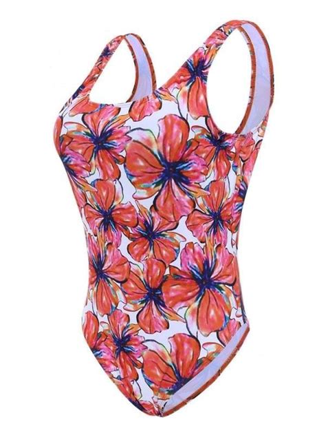 plus size printed high fork floral backless figure flattering one piece swimsuits for womenred