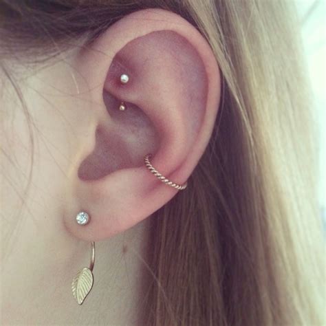 Rose Gold Rook Piercing And Conch With Hoop Piercing Tattoo Conch Ear