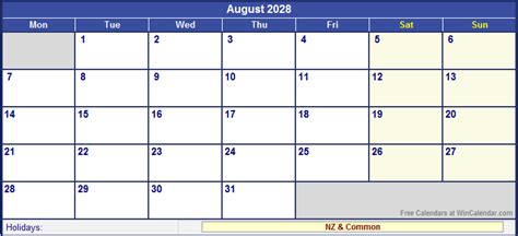 August 2028 New Zealand Calendar With Holidays For Printing Image Format