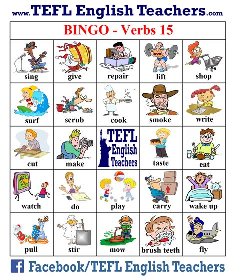 Tefl English Teachers Bingo Verbs Game Board 15 Of 20 English