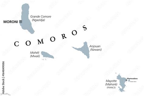 Comoros Political Map With Capital Moroni And French Island Mayotte