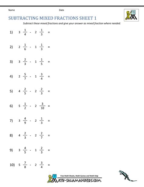 Subtraction Fraction Mixed Numbers Worksheet Works.com