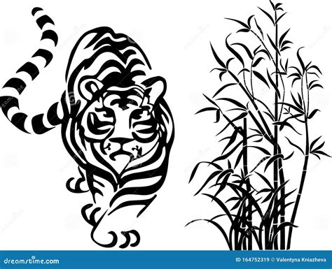 Sticker Tiger And Bamboo Black Shapes On A Transparent Background Stock