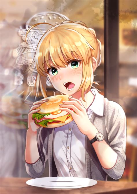 Saber Eating A Burger Каваи Красивая аниме девушка и Рисунки