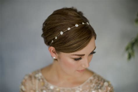 simple flower wedding headband in gold silver or rose gold daisy short wedding hair pixie