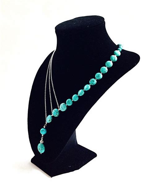 Asymmetrical Turquoise Necklace With Silver Chains Statement Necklace