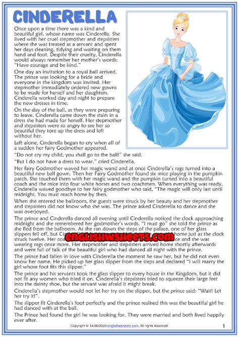 Cinderella Esl Reading Text Worksheet For Kids