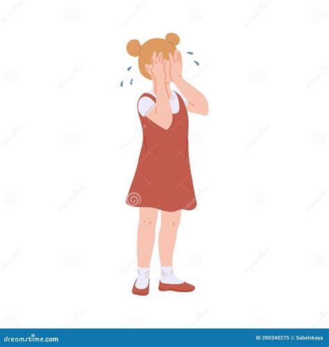Sad Little Girl Character Crying With Tears Flat Vector Illustration