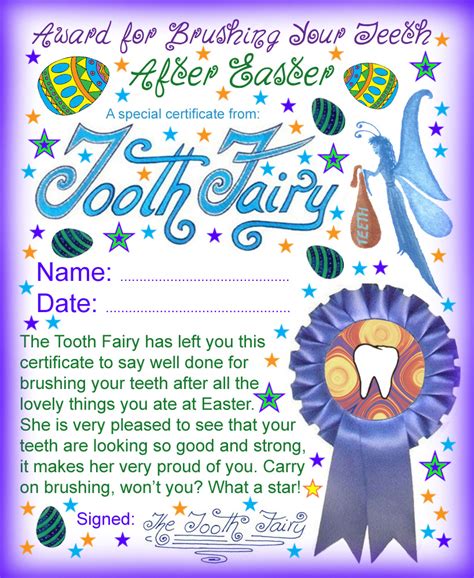 Tooth Fairy Certificate Well Done For Brushing Your Teeth After Easter