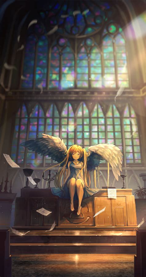 Safebooru 1girl Absurdres Angel Barefoot Candle Candlestand Church Church Interior Commentary