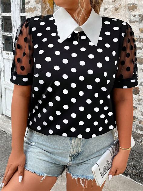 Shein Essnce Plus Polka Dot Contrast Mesh Puff Sleeve Blouse Shein Uk