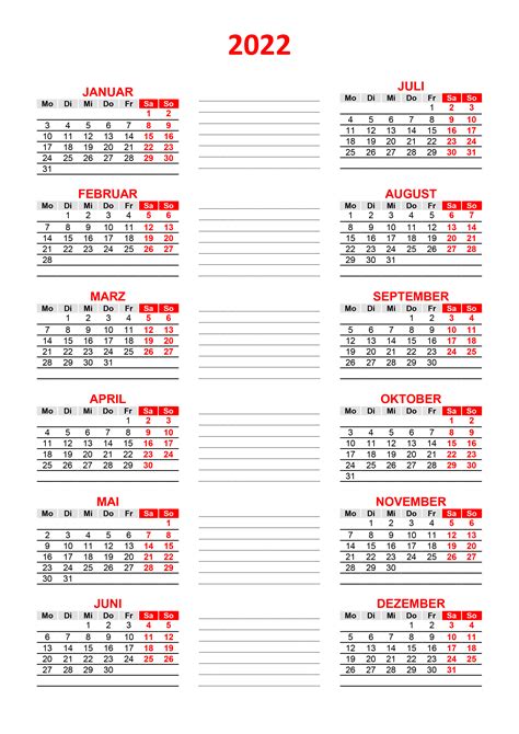 Praktischer Jahreskalender 2022 Kalendersu