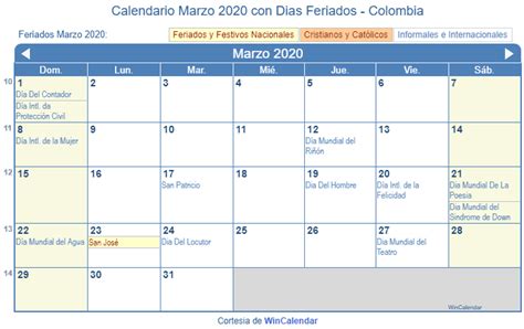 Calendario Marzo 2020 Para Imprimir Colombia