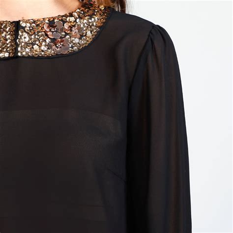 Black Sheer Open Back Sequin Collar Blouse Fashion Beauty Fashion