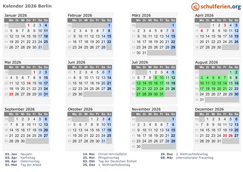 Kalender 2026 Ferien Berlin Feiertage