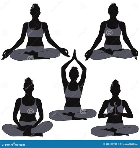 Set Of Silhouettes Of Woman In Yoga Poses For Meditation Stock Vector