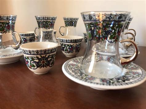 Topkapi Motif Glass Cups And Saucers Turkish Tea Coffee Set