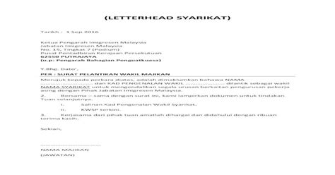 Surat Wakil Syarikat - Contoh Surat Perwakilan Kuasa