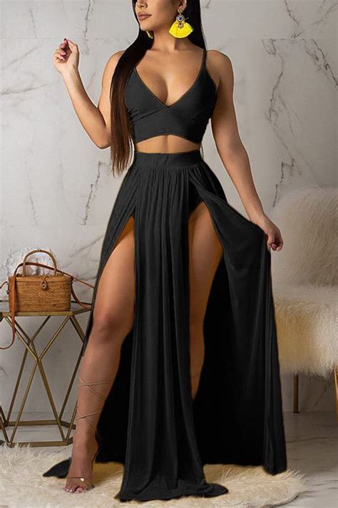 Black Sexy Chiffon Slip Two Piece Set Sexy Chiffon Fashion Outfits Flowy Maxi Dress