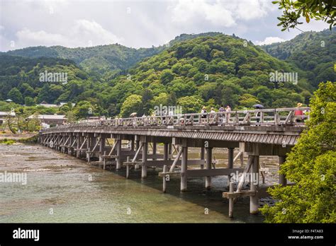 Japan Kyoto City Togetsu Bridge Arashiyama Mountain Oi River Stock