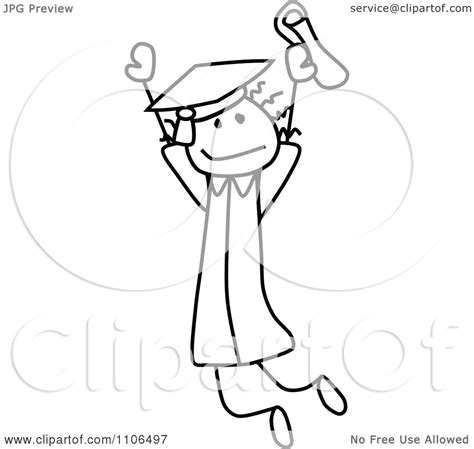Clipart Black And White Stick Drawing Of A Happy Graduate Girl Jumping