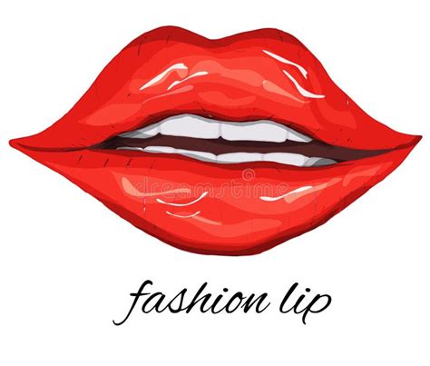 Realistic Red Lips Isolated On A White Background Women`s Kiss Hand Drawn In The Style Of