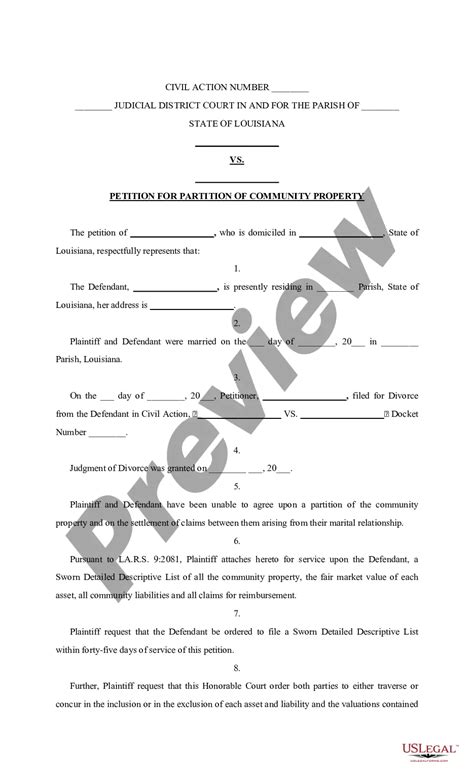 Louisiana Petition For Partition Of Community Property With List Of