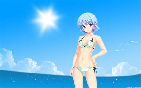 Beach Bikini Blue Eyes Blue Hair Himuro Rikka Koutaro Navel Short Hair Sky Swimsuit Tropical