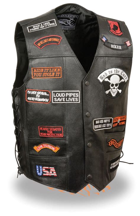 Mens Motorcycle Blk Side Lace Prepatched Leather Vest With 23 Patches