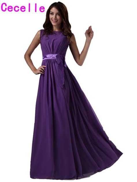 Modest Purple Bridesmaids Dresses Long Sleeveless Chiffon Beach Wedding