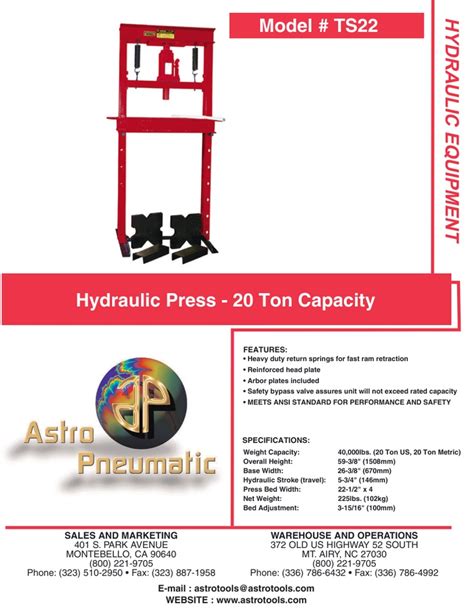 Hydraulic Press 20 Ton Capacity Hydraulic The Unit Metric