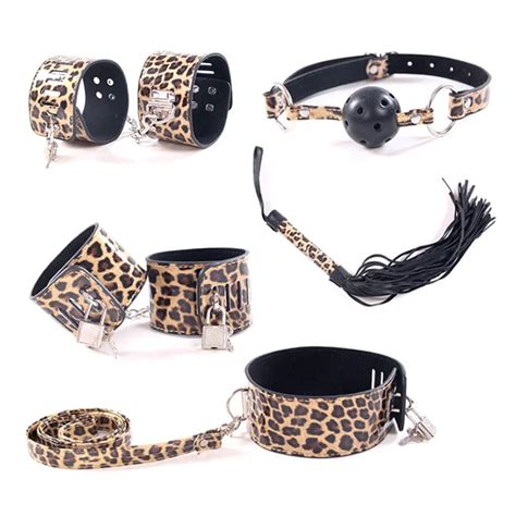Sex Toy For Couples Leopard Grain Adult Game 5pieceset Handcuffs Whip Collar Erotic Toy Leather
