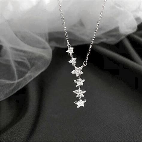 Sterling Silver Star Necklace Cascading Star Charm Necklace Crystal