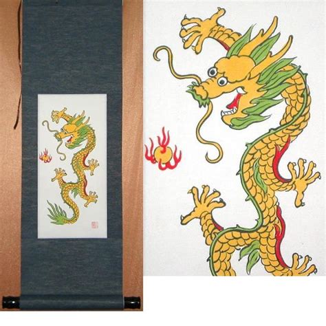 Chinese Yellow Dragon Painting Scroll Art