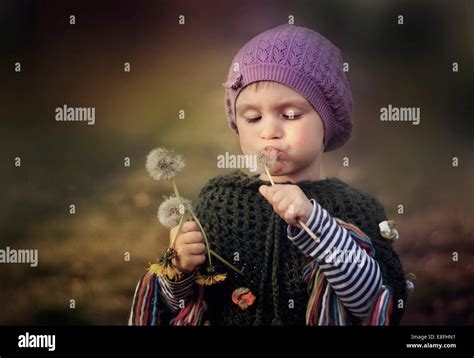 Girl Blowing Dandelions Stock Photo Alamy