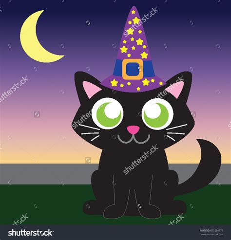 Cute Cartoon Spooky Black Kitten Cat With Witch Hat Nighttime ...
