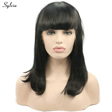 Shoulder length hair shorter in front. Nature Looking 1B# Straight Hair With Bangs Heat Resistant ...