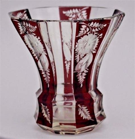 Elegant Moser Vase Art Glass Floral Etchedand Red Clear Vase Vases Decor Glass Art Vase