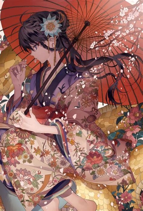 Japanese Paper Umbrellas In 2020 Anime Kimono Anime Anime Art Girl